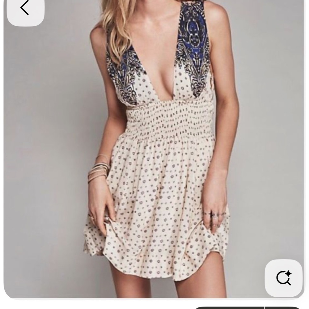 Free People Boho V-Neck Cream Mini Dress with Navy Accents Size XS